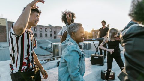 group of people dancing outside