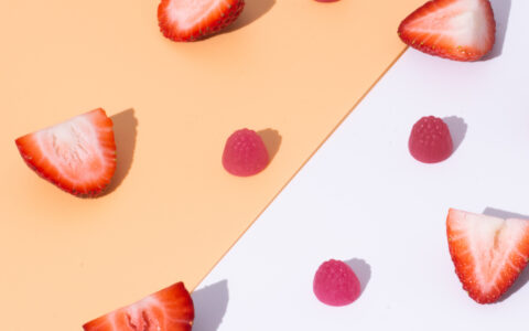 Strawberries and gummies spread out