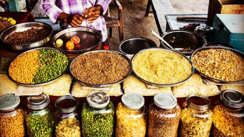 spices spread out in a market