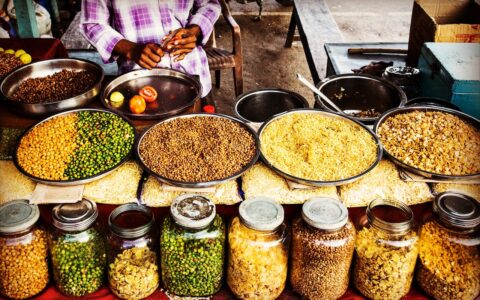 spices spread out in a market