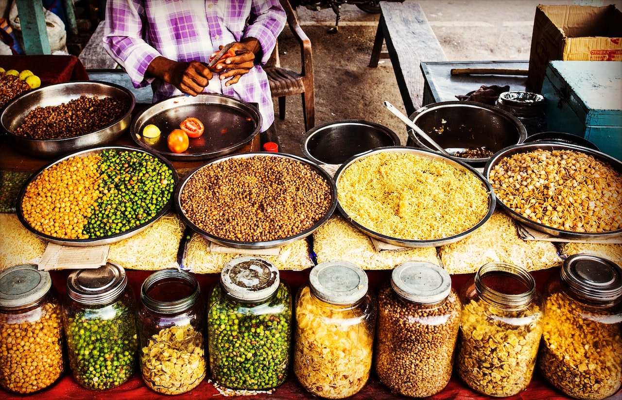 spices spread out in a market