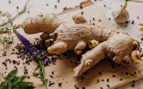 ginger root with herbs on a wooden cutting board