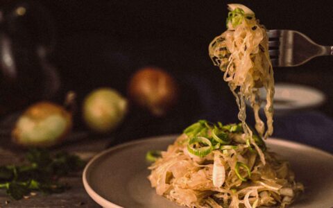sauerkraut topped with green onions on a plate