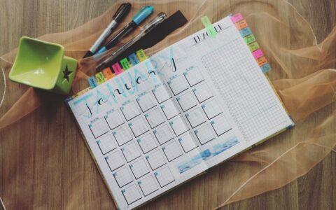 a calendar planner with colorful pends