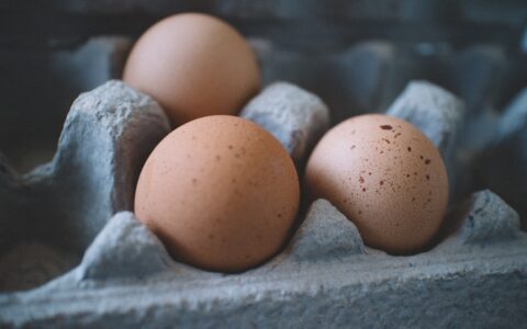 three brown eggs in a carton