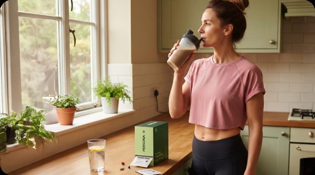 Woman in her kitchen holding her daily Persona supplement pack
